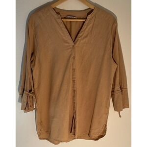 Natura Preserve XL Top Blouse Cotton Linen Button Front 3/4 Sleeve Tan